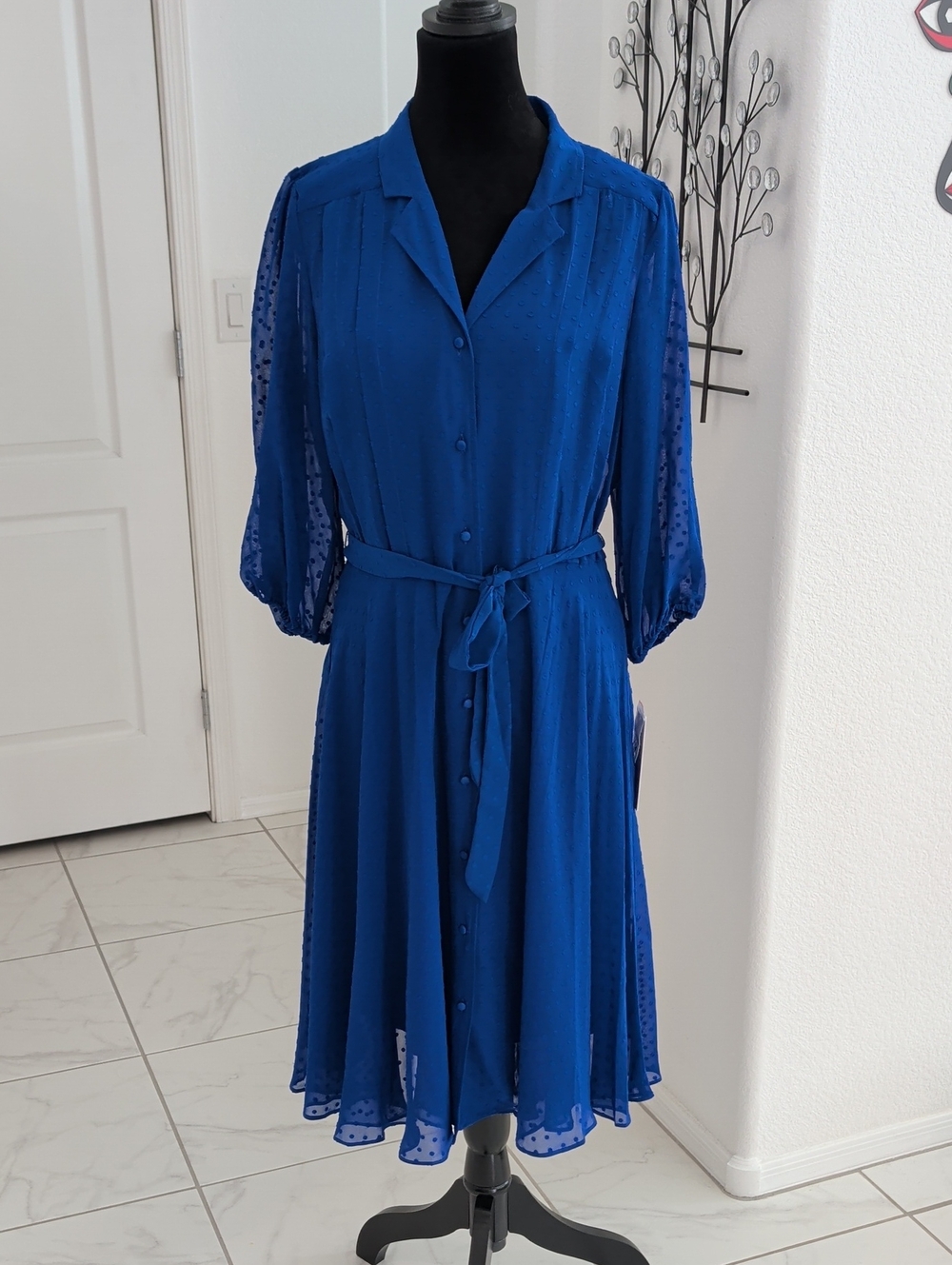 New 2 Piece Nanette Lepore Royal Blue Swiss Dot Button Down Chiffon Dress 8